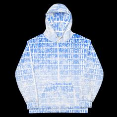 Wisconsin Winter Unisex Hoodie with snow falling. Stay warm in the cold upper Midwest winter with this cozy hoodies. White snowflakes cover blue Wisconsin Winter text on this all over print. This comfy unisex hoodie has a soft outside with a vibrant print and an even softer brushed fleece inside. The hoodie has a relaxed fit, and it's perfect for wrapping yourself into on a chilly evening. * 70% polyester, 27% cotton, 3% elastane * Fabric weight: 8.85 oz/yd² (300 g/m²) * Soft cotton-feel fabric Blue Letter Print Sweatshirt For Winter, Blue Hoodie With Drawstring For Cold Weather, Blue Graphic Print Sweatshirt For Winter, Blue Cotton Hoodie For Cold Weather, Winter Hoodie With All Over Print, Blue Hoodie With Fleece Lining For Winter, Blue Fleece-lined Hoodie For Winter, Blue Fleece-lined Sweatshirt For Winter, White Hooded Hoodie With All Over Print