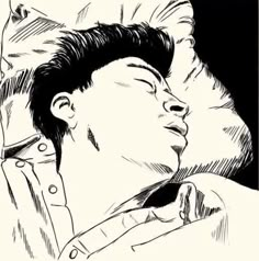 a black and white drawing of a man sleeping with his head resting on the pillow