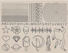 a stamp with various symbols and letters in black ink on a white paper background,