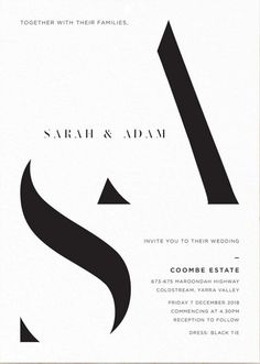 an elegant black and white wedding card with the letter s on it's side