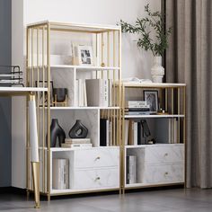 a white and gold bookcase with drawers in the corner next to a plant on a table