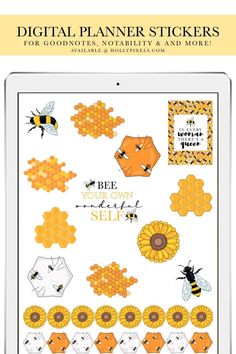 the digital planner stickers for bees and sunflowers are shown on an ipad