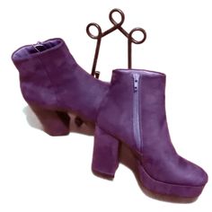 Nwot Pair Of Purple Manmade Suede Ankle Booties. Sz 36 (5.5-6). Platform Ankle Boots By Nasty Gal, Msrp $89 (But These Are Completely Sold Out Online!!). Electric Purple Faux Suede Block Heel Almond Toe Ankle Boots. Electric Purple Faux Suede Upper, With An Almond Toe. 3.75" Covered Block Heel, With A 1" Platform. These Boots Originate In The Uk And Are Marked With The Uk And/Or Eur Sizes, Us Equivalent May Be 1/2 Size Up Or Down From What Is Shown Depending On The Size Conversion Chart You Are Purple Closed Toe Boots For Fall, Fall Purple Closed Toe Boots, Trendy Purple Heels For Fall, Chic Purple Heeled Boots For Fall, Purple High Heels For Winter, Purple Round Toe Heels For Fall, Trendy Purple Heeled Boots For Fall, Chic Purple Boots For Fall, Purple Platform Boots For Fall