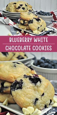 blueberry white chocolate cookies are stacked on top of each other and ready to be eaten