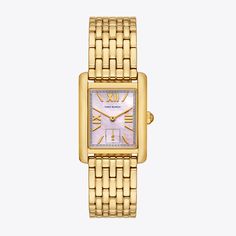 Clean-lined and elegant. The Eleanor watch features a blush mother of pearl dial with three-hand movement. Crafted in gold-tone stainless steel with a classic link bracelet. Elegant Gold-tone Watch With Round Dial, Classic Watches With Gold-tone Hardware And Rectangular Dial, Classic Pink Watch With Rectangular Dial, Classic Pink Watches With Rectangular Dial, Classic Yellow Gold Watch With Gold-tone Hardware, Classic Yellow Gold Watch, Timeless Gold-tone Formal Watch, Classic Pink Watch For Formal Occasions, Classic Gold-tone Watch With Round Dial