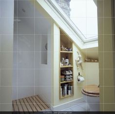 a bathroom with a skylight above the toilet and shelves on the wall next to it