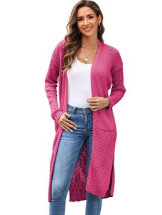 Women's long sleeve cardigan sweater Loose fit for ultimate comfort Buttonless design for a sleek look Made from high-quality Acrylic fabric Solid color pattern for versatility Medium thickness perfect for layering Pullover style for easy wear Long length at 80cm for added coverage Elevate your everyday style with this knitted jacket that combines fashion and functionality. Whether you're running errands or lounging at home, this cardigan sweater is a must-have in your wardrobe. Its loose fit an Long Cozy Cardigan In Solid Color, Trendy Solid Color Cardigan, Long Cozy Solid Color Cardigan, Trendy Non-stretch Solid Color Cardigan, Trendy Stretch Cardigan In Solid Color, Pink Relaxed Fit Cardigan For Fall, Trendy Solid Color Stretch Cardigan, Trendy Long Sweater With Pockets, Relaxed Fit Pink Cardigan For Fall