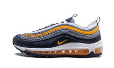 The Nike Air Max 97 SE "Obsidian Mist" is a cool adult style that kids can wear too. On this version, a navy leather mudguard starts the shoe design, and wavy lines of mesh and leather in light blue and yellow break up the darker tone below. Also seen on the upper is a geometric graphic pattern that is bolder at the forefoot but fades toward the heel. The Nike Air Max 97 dons a white foam midsole with full-length Max Air cushioning in yellow and a navy blue outsole. | Air Max 97 RF (GS) Midnight Air Max 97 Outfit, Buy Nike Shoes, Wavy Lines, Glitter Sneakers, Shoe Design, Geometric Graphic, Loafer Sneakers, Stadium Goods, Nike Kids