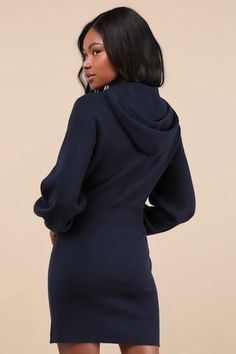 Whether you're running errands or just hanging out with friends, it's easy to look cool and stay cozy with the Lulus Laidback Moments Navy Blue Hooded Sweater Mini Dress! This cute dress boasts a stretchy, medium-gauge sweater knit composition that shapes a hooded neckline (with adjustable drawstrings), long raglan sleeves with a balloon silhouette and fitted cuffs, and a blousy bodice. The banded waist sits atop a bodycon skirt that finishes at a flirty mini hem. Contrasting ribbed knit accents Casual Winter Loungewear Mini Dress, Casual Winter Mini Dress For Loungewear, Hooded Loungewear Dress For Fall, Hooded Fall Loungewear Dress, Hooded Fall Dress For Loungewear, Hooded Dresses For Fall Loungewear, Navy Blue Sweater Dress, Balloon Silhouette, Blue Sweater Dress