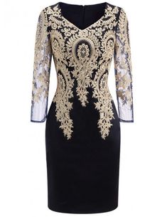 Long Sleeve Embroidered Cocktail Dress For Women Over 40,50 Wedding Guest Dress Elegant V-neck Dress With Intricate Embroidery, Elegant Gold Embroidered Wedding Dress, Elegant Fitted Evening Dress With Intricate Embroidery, Elegant Fitted Embroidered Dress For Gala, Black Fitted Long Sleeve Mother Of The Bride Dress, Elegant Formal Embroidered Lace Dress, Elegant Fitted Lace Embroidered Dress, Elegant Lace Embroidered Fitted Dress, Elegant Embroidered Dress For Gala