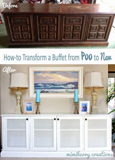 before and after photos of an old buffet table turned into a sideboard with built - in lamps