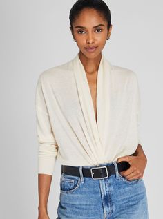 A surplice neckline creates a beautifully draped wrap effect on this cashmere sweater—an easy, elegant option you’ll reach for time and again. Cashmere Wrap Sweater, Cashmere Sweater Women, Cashmere Wrap, Womens Cashmere, Wrap Sweater, Club Monaco, Knit Cuff, Cashmere Sweaters, Colorful Sweaters