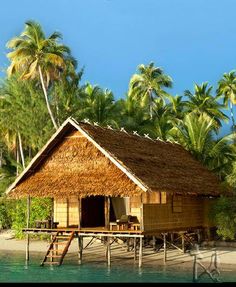 a small hut sitting on top of a sandy beach next to the ocean in front of palm trees