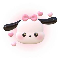 a white and black animal with pink hearts on it's ears is floating in the air