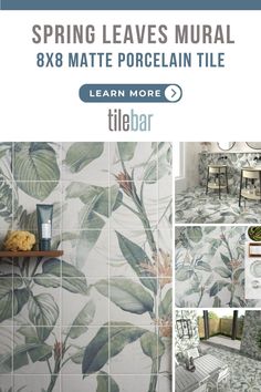 a collage of photos showing different types of wallpapers and the text spring leaves mural 8x8 matte porcelain tile