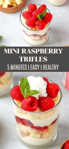 mini raspberry trifles in small glass dishes with strawberries on top