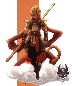 an anime character standing on top of a cloud with two swords in his hand and wearing armor