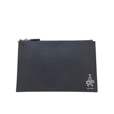 This Prada black document holder clutch is beautiful and convenient. It has gorgeous cross stitching saffiano leather and features polished steel finish metal businessman motif and Prada logo. This document holder is perfect to hold important papers and to keep special things safe!    Model: 2NG005  Black Saffiano Leather    Silver metal Hardware  Zipper closure  Black leather interior lining    One interior slip pocket    Six interior credit card slots  Measurements: 11" x 0.2" x 7" (LWH)    In Designer Black Clutch With Rectangular Case, Designer Black Clutch In Rectangular Case, Designer Black Rectangular Clutch, Designer Wallets With Engraved Logo For Professional Use, Designer Business Wallets With Engraved Logo, Designer Business Wallets With Logo, Designer Business Wallet With Logo, Formal Black Wallets With Engraved Logo, Formal Rectangular Wallet With Logo