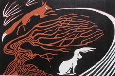 an orange and black print with a white rabbit in the foreground, on a black background