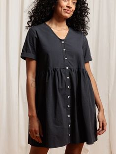 Dresses for Women | Nell Dress Crinkle Cotton Black Cotton Day Dress With Button Back, Cotton Daywear Dress With Button Back, Cotton V-neck Dress With Button Closure, Short Sleeve Dress With Button Back For Daywear, Button Back Dresses For Daywear, Relaxed Fit Cotton Midi Dress With Buttons, Relaxed Fit Knee-length Dress With Button Closure, Relaxed Fit Mini Dress With Buttons, Button-back Dresses For Daywear