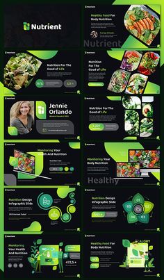 a green and black brochure with images of food on the front, side and back