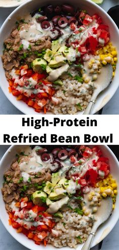 two bowls filled with different types of food and the words high protein refried bean bowl