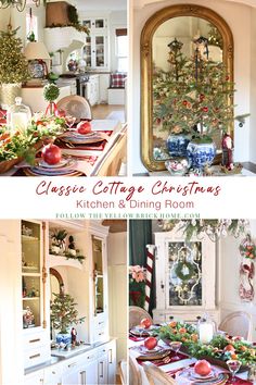 a collage of photos showing the christmas decorations in kitchen and dining room, with text overlay