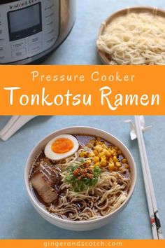 the pressure cooker is next to a bowl of ramen