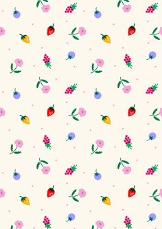 a white background with strawberrys and flowers on it