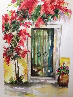 a watercolor painting of an open door with red flowers and potted trees in the background