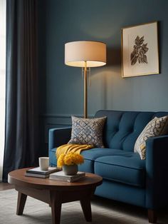 a living room with a blue couch and coffee table