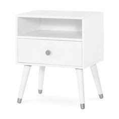 a white nightstand with two drawers on one side and an open drawer on the other