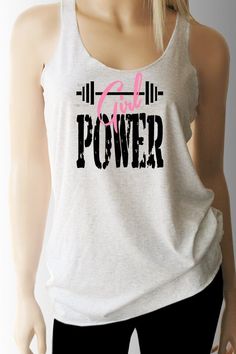 Girl Power Women's Workout Tank. Workout Shirt. Workout Clothes. Exercise Clothing. Weight Lifting S Cotton Scoop Neck Gym Top, Cotton Scoop Neck Top For Gym, Pink Graphic Print Gym Tops, Pink Graphic Print Tops For The Gym, Pink Racerback Top For Gym, Pink Racerback Gym Top, Athletic Heather Cotton Workout Tops, Graphic Print Racerback Tops For Workout, Workout Tank T-shirt With Letter Print