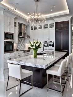 a large kitchen with marble counter tops and white chairs in front of the center island