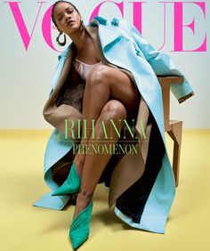 a woman sitting on top of a wooden chair next to a magazine cover with an image of a woman in high heels