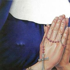 a painting of a woman holding her hands together with a cross on the other hand