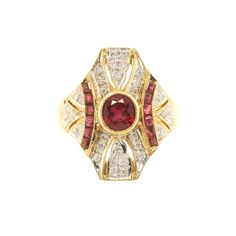 Please read every details carefully - This ring is second-hand from pawn shop. Beautiful Natural Mozambique Ruby and Natural diamonds on 17.3k (72%) gold Ring (Certified) A stunning antique estate ring with exceptional color of ruby and Natural White Diamonds on the 72 percentage of gold (17.3 Karat) ring  -Second-hand- I think it's from around 20 years ago but I am not sure of the precise date. The ring was made by hand (You can see the overall details of the ring - it's a little imperfection so we can know this piece was done by handmade jeweler) - it's very nice details. I got this ring from pawn shop in Thailand. It's very stunning. this ring is in very good condition - I have re-polished/clean the ring, checked the diamonds, ruby and gold already. (This ring had been certified) Please Art Deco Diamond Rings With 17 Jewels, Art Deco Diamond Ring With 17 Jewels, Art Deco Oval Cluster Ring With Center Stone, Art Deco Diamond Cluster Ring With 17 Jewels, Art Deco Yellow Gold Ring With Diamond Accents, Art Deco Cluster Ring With 17 Jewels, Art Deco Oval Diamond Ring With Accent Stones, Art Deco Ruby Ring With Diamond Details, Art Deco Ruby Jewelry With Brilliant Cut