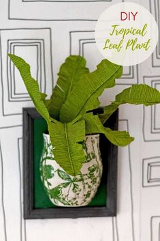 a green plant in a white and black vase on a wall with text overlay that reads diy tropical leaf plant