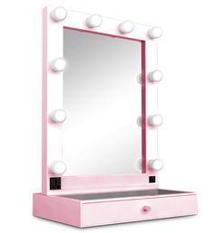 a pink vanity mirror with lights on it and drawers in front of the mirror is a white ball