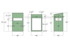 three sizes of furniture with measurements for each one side and the other side, all in green