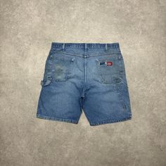 Vintage Dickies blue denim carpenter shorts Size - 38 Waist Utility Blue Denim Shorts, Medium Wash Cargo Shorts, Blue Denim Utility Shorts, Denim Blue Cargo Shorts, Blue Jean Shorts With Cargo Pockets, Denim Blue Cargo Pocket Jean Shorts, Denim Blue Cargo Jean Shorts, Denim Blue Jean Shorts With Cargo Pockets, Utility Denim Shorts Short Length