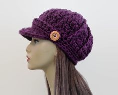 This is made to order. It is crocheted with chunky medium to dark purple acrylic yarn. Buttons will vary depending on availability. Hand wash is recommended. Dark Purple Crochet, Dark Purple Acrylic, News Boy Cap, Purple Hat, Purple Crochet, Purple Acrylic, Purple Knit, Newsboy Hat, Purple Hats