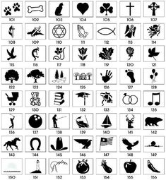 a large set of black and white symbols for different types of animals, birds, and flowers