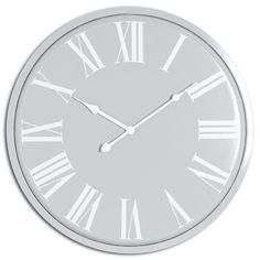 a white clock with roman numerals on the face