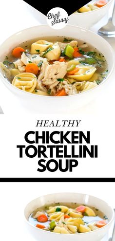 two bowls of chicken tortelli soup with the title above it in black and white