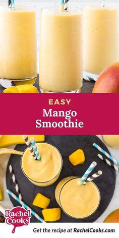 mango smoothie in glasses with straws and peaches on the side, next to two