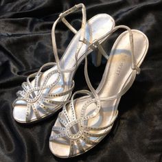 Silver Rhinestone Satin Heels 3 Inch Heel Small Stain (Shown In Pics) Star Coquette, Heels 3 Inch, Silver Kitten Heels, Silver Block Heels, Nine West Heels, Oc Inspo, Super Nails, Satin Heels, Aesthetic Shoes