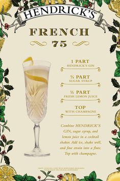 a menu for a french 75th birthday party with lemons and leaves around it