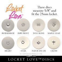 the different sizes and shapes of dog tags are shown in this advertisement for locket love discs