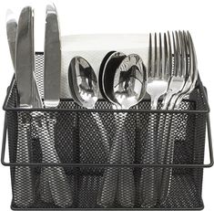 a metal basket filled with silverware and utensils